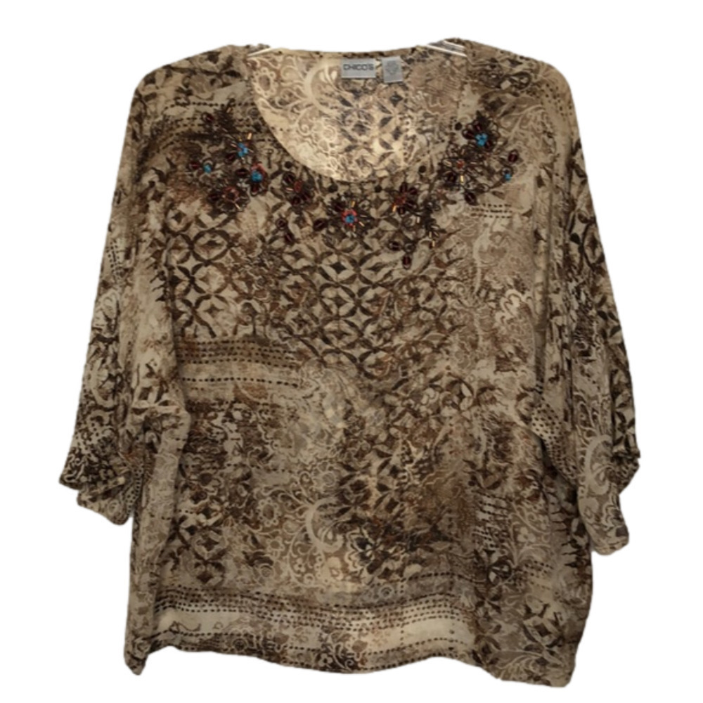 CHICO’S Size 3 - 100% Silk Sheer Tan & Brown Beaded Embroidered Boho Top Size XL